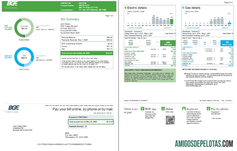 Em branco modelo de fatura de serviços públicos da empresa BGE do Reino Unido em formatos Word e PDF, 2 páginas